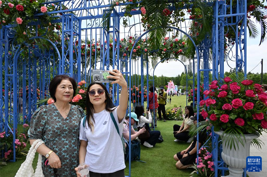 5月22日，在韓國(guó)首爾，游客與園藝作品合影。新華社發(fā)（全休相攝）